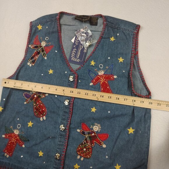 VTG New Direction Denim Vest Womens sz L Christmas Angel Embroidered - Picture 10 of 10